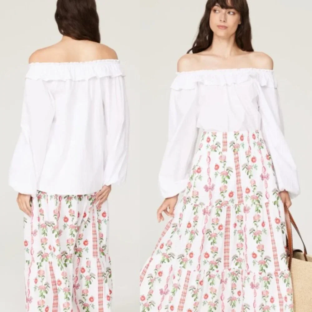 Hill House The Lena Top Parachute Sleeve Ruffle Off The Shoulder NWT - Picture 2 of 8
